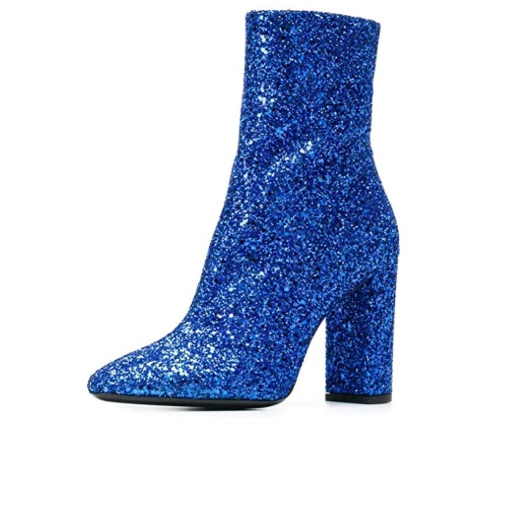 XYD Glitter Low Block Heel Ankle Boots with Zip